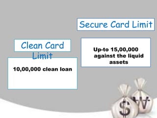 10,00,000 clean loan
Up-to 15,00,000
against the liquid
assets
Clean Card
Limit
Secure Card Limit
 