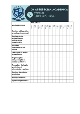 Atividades/etapa
Ano / Meses
ja
n
fe
v
m
ar
ab
r
mai
o
ju
n
jul ag
o
se
t
ou
t
no
v
de
z
Revisão bibliográfica
e análise documental
Realização de
entrevistas ou
aplicação de
questionário
Análise e
interpretação de
dados
Tabulação de dados
quantitativos
Organização e
categorização de
dados qualitativos
Redação e digitação
preliminar da
dissertação e ou tese
Revisão da redação
preliminar
Entrega/depósito
Apresentação/defesa
 
