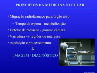 PRINCÍPIOS DA MEDICINA NUCLEAR
• Migração radiofármaco para órgão alvo
– Tempo de espera - metabolização
• Detetor de radiação - gamma câmara
• Varredura → regiões de interesse
• Aquisição e processamento
⇓
IMAGEM - DIAGNÓSTICO
Walter Siqueira Paes
 