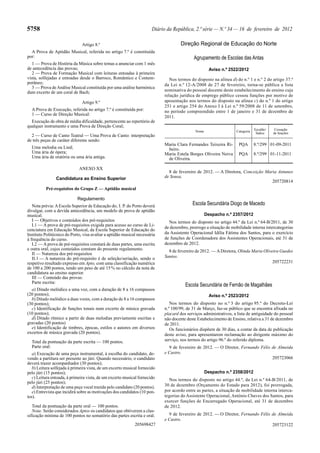 5758

Diário da República, 2.ª série — N.º 34 — 16 de fevereiro de 2012
Artigo 8.º

Direção Regional de Educação do Norte

A Prova de Aptidão Musical, referida no artigo 7.º é constituída
por:

Agrupamento de Escolas das Antas

1 — Prova de História da Música sobre temas a anunciar com 1 mês
de antecedência das provas;
2 — Prova de Formação Musical com leituras entoadas à primeira
vista, solfejadas e entoadas desde o Barroco, Romântico e Contemporâneo;
3 — Prova de Análise Musical constituída por uma análise harmónica
dum excerto de um coral de Bach;
Artigo 9.º
A Prova de Execução, referida no artigo 7.º é constituída por:
1 — Curso de Direção Musical:
Execução de obra de média dificuldade, pertencente ao repertório de
qualquer instrumento e uma Prova de Direção Coral;
2 — Curso de Canto Teatral — Uma Prova de Canto: interpretação
de três peças de caráter diferente sendo:
Uma melodia ou Lied;
Uma ária de ópera;
Uma ária de oratória ou uma ária antiga.
ANEXO XX

Aviso n.º 2522/2012
Nos termos do disposto na alínea d) do n.º 1 e n.º 2 do artigo 37.º
da Lei n.º 12-A/2008 de 27 de fevereiro, torna-se pública a lista
nominativa do pessoal docente deste estabelecimento de ensino cuja
relação jurídica de emprego público cessou funções por motivo de
aposentação nos termos do disposto na alínea c) do n.º 1 do artigo
251 e artigo 254 do Anexo I à Lei n.º 59/2008 de 11 de setembro,
no período compreendido entre 1 de janeiro e 31 de dezembro de
2011.
Escalão/
Índice

Cessação
de funções

Nome

Categoria

Maria Clara Fernandes Teixeira Ribeiro.
Maria Estela Borges Oliveira Neiva
de Oliveira.

PQA

8.º/299 01-09-2011

PQA

8.º/299 01-11-2011

8 de fevereiro de 2012. — A Diretora, Conceição Maria Antunes
de Sousa.
205720814

Candidatura ao Ensino Superior
Pré-requisitos do Grupo Z — Aptidão musical
Regulamento
Nota prévia: A Escola Superior de Educação do, I. P. do Porto deverá
divulgar, com a devida antecedência, um modelo de prova de aptidão
musical.
I — Objetivos e conteúdos dos pré-requisitos
I.1 — A prova de pré-requisitos exigida para acesso ao curso de Licenciatura em Educação Musical, da Escola Superior de Educação do
Instituto Politécnico do Porto, visa avaliar a aptidão musical necessária
à frequência do curso.
I.2 — A prova de pré-requisitos constará de duas partes, uma escrita
e outra oral, cujos conteúdos constam do presente regulamento.
II — Natureza dos pré-requisitos
II.1 — A natureza do pré-requisito é de seleção/seriação, sendo o
respetivo resultado expresso em Apto, com uma classificação numérica
de 100 a 200 pontos, tendo um peso de até 15 % no cálculo da nota de
candidatura ao ensino superior.
III — Conteúdo das provas:
Parte escrita:
a) Ditado melódico a uma voz, com a duração de 8 a 16 compassos
(20 pontos);
b) Ditado melódico a duas vozes, com a duração de 8 a 16 compassos
(30 pontos);
c) Identificação de funções tonais num excerto de música gravada
(10 pontos);
d) Ditado rítmico a partir de duas melodias previamente escritas e
gravadas (20 pontos)
e) Identificação de timbres, épocas, estilos e autores em diversos
excertos de música gravada (20 pontos).
Total da pontuação da parte escrita — 100 pontos.
Parte oral:
a) Execução de uma peça instrumental, à escolha do candidato, devendo a partitura ser presente ao júri. Quando necessário, o candidato
deverá trazer acompanhador (30 pontos);
b) Leitura solfejada à primeira vista, de um excerto musical fornecido
pelo júri (15 pontos);
c) Leitura entoada, à primeira vista, de um excerto musical fornecido
pelo júri (25 pontos);
d) Interpretação de uma peça vocal trazida pelo candidato (20 pontos).
e) Entrevista que incidirá sobre as motivações dos candidatos (10 pontos).
Total da pontuação da parte oral — 100 pontos.
Nota: Serão considerados Aptos os candidatos que obtiverem a classificação mínima de 100 pontos no somatório das partes escrita e oral.
205698427

Escola Secundária Diogo de Macedo
Despacho n.º 2357/2012
Nos termos do disposto no artigo 44.º da Lei n.º 64-B/2011, de 30
de dezembro, prorrogo a situação de mobilidade interna intercategorias
da Assistente Operacional Idilia Fátima dos Santos, para o exercício
de funções de Coordenadora dos Assistentes Operacionais, até 31 de
dezembro de 2012.
8 de fevereiro de 2012. — A Diretora, Olinda Maria Oliveira Guedes
Santos.
205722231

Escola Secundária de Fernão de Magalhães
Aviso n.º 2523/2012
Nos termos do disposto no n.º 3 do artigo 95.º do Decreto-Lei
n.º 100/99, de 31 de Março, faz-se público que se encontra afixada no
placard dos serviços administrativos, a lista de antiguidade do pessoal
não docente deste Estabelecimento de Ensino, relativa a 31 de dezembro
de 2011.
Os funcionários dispõem de 30 dias, a contar da data de publicação
deste aviso, para apresentarem reclamação ao dirigente máximo do
serviço, nos termos do artigo 96.º do referido diploma.
9 de fevereiro de 2012. — O Diretor, Fernando Félix de Almeida
e Castro.
205723066
Despacho n.º 2358/2012
Nos termos do disposto no artigo 44.º, da Lei n.º 64-B/2011, de
30 de dezembro (Orçamento do Estado para 2012), foi prorrogada,
por acordo entre as partes, a situação de mobilidade interna intercategorias do Assistente Operacional, António Chaves dos Santos, para
exercer funções de Encarregado Operacional, até 31 de dezembro
de 2012.
9 de fevereiro de 2012. — O Diretor, Fernando Félix de Almeida
e Castro.
205723122

 