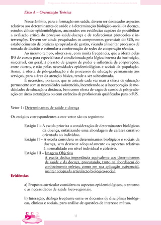 Eixo A – Orientação Teórica

         Nesse âmbito, para a formação em saúde, devem ser destacados aspectos
relativos aos determinantes de saúde e à determinação biológico-social da doença,
estudos clínico-epidemiológicos, ancorados em evidências capazes de possibilitar
a avaliação crítica do processo saúde-doença e de redirecionar protocolos e in-
tervenções. Devem ser ainda pesquisados os componentes gerenciais do SUS, no
estabelecimento de práticas apropriadas de gestão, visando alimentar processos de
tomada de decisão e estimular a conformação de redes de cooperação técnica.
         Ao mesmo tempo, observa-se, com muita freqüência, que a oferta pelas
IES de cursos para especialistas é condicionada pela lógica interna da instituição,
suscetível, em geral, à pressão de grupos de poder e influência de corporações,
entre outros, e não pelas necessidades epidemiológicas e sociais da população.
Assim, a oferta de pós-graduação e de processos de educação permanente aos
serviços, para a área da atenção básica, tende a ser subestimada.
         É necessário, portanto, que se articule cada vez mais a oferta de educação
permanente com as necessidades assistenciais, incentivando-se a incorporação de mo-
dalidades de educação a distância, bem como oferta de vagas de cursos de pós-gradu-
ação em áreas estratégicas ou com carências de profissionais qualificados para o SUS.


Vetor 1: Determinantes de saúde e doença

Os estágios correspondentes a este vetor são os seguintes:

       Estágio I – A escola prioriza a consideração de determinantes biológicos
                   da doença, enfatizando uma abordagem de caráter curativo
                   orientada ao indivíduo.
       Estágio II – A escola considera os determinantes biológicos e sociais da
                    doença, sem destacar adequadamente os aspectos relativos
                    à normalidade em nível individual e coletivo.
       Estágio III – Imagem Objetivo
                     A escola dedica importância equivalente aos determinantes
                     de saúde e da doença, procurando, tanto na abordagem do
                     conhecimento teórico, como em sua aplicação assistencial,
                     manter adequada articulação biológico-social.
Evidências

        a) Proposta curricular considera os aspectos epidemiológicos, o entorno
        e as necessidades de saúde loco-regionais.

        b) Interação, diálogo freqüente entre os docentes de disciplinas biológi-
        cas, clínicas e sociais, para análise de questões de interesse mútuo.


                                         18
 