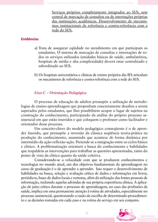 Serviços próprios completamente integrados ao SUS, sem
                     central de marcação de consultas ou de internações próprias
                     das instituições acadêmicas. Desenvolvimento de mecanis-
                     mos institucionais de referência e contra-referência com a
                     rede do SUS.

Evidências

         a) Trata de assegurar eqüidade no atendimento em que participam os
            estudantes. O sistema de marcação de consultas e internações de to-
            dos os serviços utilizados (unidades básicas de saúde, ambulatórios,
            hospitais de média e alta complexidade) deverá estar centralizado e
            subordinado ao SUS.

         b) Os hospitais universitários e clínicas de ensino próprios das IES articulam
            os mecanismos de referência e contra-referência com a rede do SUS.


         Eixo C – Orientação Pedagógica

         O processo de educação de adultos pressupõe a utilização de metodo-
logias de ensino-aprendizagem que proponham concretamente desafios a serem
superados pelos estudantes, que lhes possibilitem ocupar o lugar de sujeitos na
construção do conhecimento, participando da análise do próprio processo as-
sistencial em que estão inseridos e que coloquem o professor como facilitador e
orientador desse processo.
         Um conceito-chave do modelo pedagógico conseqüente é o de apren-
der fazendo, que pressupõe a inversão da clássica seqüência teoria-prática na
produção do conhecimento, assumindo que acontece de forma dinâmica por
intermédio da ação-reflexão-ação. Pretende-se a integração entre os ciclos básico
e clínico. A problematização orientará a busca do conhecimento e habilidades
que respaldem as intervenções para trabalhar as questões apresentadas, tanto do
ponto de vista da clínica quanto da saúde coletiva.
         Considerando-se a velocidade com que se produzem conhecimentos e
tecnologias no mundo atual, um dos objetivos fundamentais da aprendizagem no
curso de graduação é o de aprender a aprender. Isso requer o desenvolvimento de
habilidades na busca, seleção e avaliação crítica de dados e informações em livros,
periódicos, bases de dados locais e remotas, além da utilização das fontes pessoais de
informação, incluindo aquelas advindas de sua própria experiência clínica. A aplica-
ção de juízo crítico durante o processo de aprendizagem, no caso das profissões da
saúde, implica em uma permanente atenção à rotina de atividades, especialmente no
processo assistencial, questionando a razão da escolha de determinado procedimen-
to e as decisões tomadas em cada caso e na rotina do serviço em seu conjunto.


                                            3
 