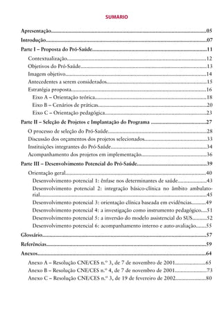 SUMÁRIO

Apresentação...........................................................................................................05
Introdução...............................................................................................................07
Parte I – Proposta do Pró-Saúde...............................................................................11
    Contextualização................................................................................................12
    Objetivos do Pró-Saúde.......................................................................................13
    Imagem objetivo.................................................................................................14
    Antecedentes a serem considerados.....................................................................15
    Estratégia proposta.............................................................................................16
      Eixo A – Orientação teórica.............................................................................18
      Eixo B – Cenários de práticas...........................................................................20
      Eixo C – Orientação pedagógica......................................................................23
Parte II – Seleção de Projetos e Implantação do Programa ......................................27
    O processo de seleção do Pró-Saúde....................................................................28
    Discussão dos orçamentos dos projetos selecionados...........................................33
    Instituições integrantes do Pró-Saúde..................................................................34
    Acompanhamento dos projetos em implementação.............................................36
Parte III – Desenvolvimento Potencial do Pró-Saúde................................................39
    Orientação geral.................................................................................................40
     Desenvolvimento potencial 1: ênfase nos determinantes de saúde....................43
     Desenvolvimento potencial 2: integração básico-clínica no âmbito ambulato-
     rial...................................................................................................................45
     Desenvolvimento potencial 3: orientação clínica baseada em evidências..........49
     Desenvolvimento potencial 4: a investigação como instrumento pedagógico....51
     Desenvolvimento potencial 5: a inversão do modelo assistencial do SUS..........52
     Desenvolvimento potencial 6: acompanhamento interno e auto-avaliação.......55
Glossário.................................................................................................................57
Referências..............................................................................................................59
Anexos....................................................................................................................64
    Anexo A – Resolução CNE/CES n.º 3, de 7 de novembro de 2001.....................65
    Anexo B – Resolução CNE/CES n.º 4, de 7 de novembro de 2001......................73
    Anexo C – Resolução CNE/CES n.º 3, de 19 de fevereiro de 2002.....................80


                                                                 3
 