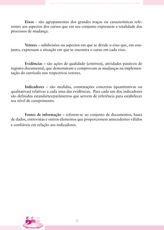 Eixos - são agrupamentos dos grandes traços ou características refe-
rentes aos aspectos dos cursos que em seu conjunto expressem a totalidade dos
processos de mudança.


         Vetores – subdivisões ou aspectos em que se divide o eixo que, em con-
junto, expressam a situação em que se encontra o curso em cada eixo.


         Evidências – são ações de qualidade (critérios), atividades passíveis de
registro documental, que demonstram e comprovam as mudanças na implemen-
tação do currículo nos respectivos vetores.


         Indicadores – são medidas, constatações concretas (quantitativas ou
qualitativas) relativas a cada uma das evidências. Para cada um dos indicadores
são definidos estandartes/parâmetros que servem de referência para estabelecer
seu nível de cumprimento.


        Fontes de informação – referem-se ao conjunto de documentos, bases
de dados, entrevistas e outros elementos que proporcionem antecedentes válidos
e confiáveis em relação aos indicadores.




                                       58
 