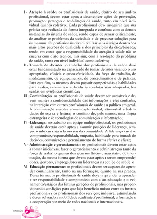 I - Atenção à saúde: os profissionais de saúde, dentro de seu âmbito
              profissional, devem estar aptos a desenvolver ações de prevenção,
              promoção, proteção e reabilitação da saúde, tanto em nível indi-
              vidual quanto coletivo. Cada profissional deve assegurar que sua
              prática seja realizada de forma integrada e contínua com as demais
              instâncias do sistema de saúde, sendo capaz de pensar criticamente,
              de analisar os problemas da sociedade e de procurar soluções para
              os mesmos. Os profissionais devem realizar seus serviços dentro dos
              mais altos padrões de qualidade e dos princípios da ética/bioética,
              tendo em conta que a responsabilidade da atenção à saúde não se
              encerra com o ato técnico, mas sim, com a resolução do problema
              de saúde, tanto em nível individual como coletivo;
         II - Tomada de decisões: o trabalho dos profissionais de saúde deve
              estar fundamentado na capacidade de tomar decisões visando o uso
              apropriado, eficácia e custo-efetividade, da força de trabalho, de
              medicamentos, de equipamentos, de procedimentos e de práticas.
              Para este fim, os mesmos devem possuir competências e habilidades
              para avaliar, sistematizar e decidir as condutas mais adequadas, ba-
              seadas em evidências científicas;
         III -Comunicação: os profissionais de saúde devem ser acessíveis e de-
              vem manter a confidencialidade das informações a eles confiadas,
              na interação com outros profissionais de saúde e o público em geral.
              A comunicação envolve comunicação verbal, não-verbal e habili-
              dades de escrita e leitura; o domínio de, pelo menos, uma língua
              estrangeira e de tecnologias de comunicação e informação;
         IV -Liderança: no trabalho em equipe multiprofissional, os profissionais
               de saúde deverão estar aptos a assumir posições de liderança, sem-
               pre tendo em vista o bem-estar da comunidade. A liderança envolve
               compromisso, responsabilidade, empatia, habilidade para tomada de
               decisões, comunicação e gerenciamento de forma efetiva e eficaz;
         V - Administração e gerenciamento: os profissionais devem estar aptos
              a tomar iniciativas, fazer o gerenciamento e administração tanto da
              força de trabalho quanto dos recursos físicos e materiais e de infor-
              mação, da mesma forma que devem estar aptos a serem empreende-
              dores, gestores, empregadores ou lideranças na equipe de saúde; e
         VI -Educação permanente: os profissionais devem ser capazes de apren-
               der continuamente, tanto na sua formação, quanto na sua prática.
               Desta forma, os profissionais de saúde devem aprender a aprender
               e ter responsabilidade e compromisso com a sua educação e o trei-
               namento/estágios das futuras gerações de profissionais, mas propor-
               cionando condições para que haja benefício mútuo entre os futuros
               profissionais e os profissionais dos serviços, inclusive, estimulando
               e desenvolvendo a mobilidade acadêmico/profissional, a formação e
               a cooperação por meio de redes nacionais e internacionais.

ANEXOS                                   74
 