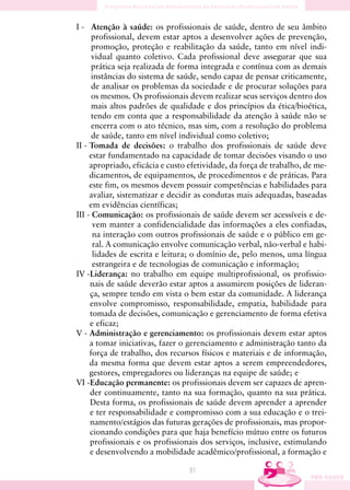 I - Atenção à saúde: os profissionais de saúde, dentro de seu âmbito
      profissional, devem estar aptos a desenvolver ações de prevenção,
      promoção, proteção e reabilitação da saúde, tanto em nível indi-
      vidual quanto coletivo. Cada profissional deve assegurar que sua
      prática seja realizada de forma integrada e contínua com as demais
      instâncias do sistema de saúde, sendo capaz de pensar criticamente,
      de analisar os problemas da sociedade e de procurar soluções para
      os mesmos. Os profissionais devem realizar seus serviços dentro dos
      mais altos padrões de qualidade e dos princípios da ética/bioética,
      tendo em conta que a responsabilidade da atenção à saúde não se
      encerra com o ato técnico, mas sim, com a resolução do problema
      de saúde, tanto em nível individual como coletivo;
II - Tomada de decisões: o trabalho dos profissionais de saúde deve
     estar fundamentado na capacidade de tomar decisões visando o uso
     apropriado, eficácia e custo efetividade, da força de trabalho, de me-
     dicamentos, de equipamentos, de procedimentos e de práticas. Para
     este fim, os mesmos devem possuir competências e habilidades para
     avaliar, sistematizar e decidir as condutas mais adequadas, baseadas
     em evidências científicas;
III - Comunicação: os profissionais de saúde devem ser acessíveis e de-
      vem manter a confidencialidade das informações a eles confiadas,
      na interação com outros profissionais de saúde e o público em ge-
      ral. A comunicação envolve comunicação verbal, não-verbal e habi-
      lidades de escrita e leitura; o domínio de, pelo menos, uma língua
      estrangeira e de tecnologias de comunicação e informação;
IV -Liderança: no trabalho em equipe multiprofissional, os profissio-
     nais de saúde deverão estar aptos a assumirem posições de lideran-
     ça, sempre tendo em vista o bem estar da comunidade. A liderança
     envolve compromisso, responsabilidade, empatia, habilidade para
     tomada de decisões, comunicação e gerenciamento de forma efetiva
     e eficaz;
V - Administração e gerenciamento: os profissionais devem estar aptos
     a tomar iniciativas, fazer o gerenciamento e administração tanto da
     força de trabalho, dos recursos físicos e materiais e de informação,
     da mesma forma que devem estar aptos a serem empreendedores,
     gestores, empregadores ou lideranças na equipe de saúde; e
VI -Educação permanente: os profissionais devem ser capazes de apren-
     der continuamente, tanto na sua formação, quanto na sua prática.
     Desta forma, os profissionais de saúde devem aprender a aprender
     e ter responsabilidade e compromisso com a sua educação e o trei-
     namento/estágios das futuras gerações de profissionais, mas propor-
     cionando condições para que haja benefício mútuo entre os futuros
     profissionais e os profissionais dos serviços, inclusive, estimulando
     e desenvolvendo a mobilidade acadêmico/profissional, a formação e

                                 81
 
