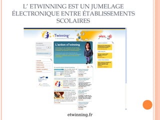 L’ ETWINNING EST UN JUMELAGE 
ÉLECTRONIQUE ENTRE ÉTABLISSEMENTS 
SCOLAIRES 
etwinning.fr 
 