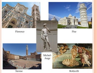 Florence Pise
Sienne Botticelli
Michel-
Ange
 