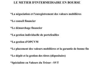 LE METIER D'INTERMEDIAIRE EN BOURSE
*La négociation et l'enregistrement des valeurs mobilières
*Le conseil financier
*Le démarchage financier
*La gestion individuelle de portefeuilles
*La gestion d'OPCVM
*Le placement des valeurs mobilières et la garantie de bonne fin
*Le dépôt et la gestion des titres (dépositaire)
*Spécialiste en Valeurs du Trésor - SVT
 