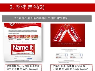 2. 전략 분석(2)
     2. „ 페이스 북 어플리케이션‟ 의 획기적인 활용




상표이름 대신 상대방 이름으로         커플의 이름, 날짜를 입력 하여
바꿔 전송할 수 있는- „Name it‟   선물 할 수 있게 한 „Lacta Lovers‟
 