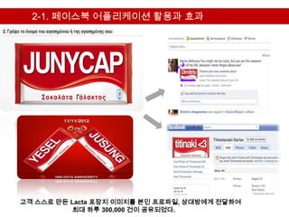 2-1. 페이스북 어플리케이션 활용과 효과




고객 스스로 만든 Lacta 포장지 이미지를 본인 프로파일, 상대방에게 전달하여
           최대 하루 300,000 건이 공유되었다.
 
