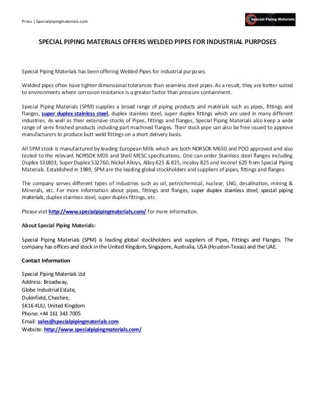 Special Piping Materials Offers Welded Pipes For Industrial Purposes