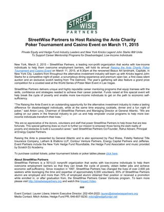 StreetWise Partners to Host Raising the Ante Charity
Poker Tournament and Casino Event on March 11, 2015
Private Equity and Hedge Fund Industry Leaders Will Unite To Support Career Mentorship Programs for
Disadvantaged, Low-Income Individuals
New York, March 2, 2015 – StreetWise Partners, a leading non-profit organization that works with low-income
individuals to help them overcome employment barriers, will hold its annual Raising the Ante Charity Poker
Tournament and Casino Event on March 11, 2015, at 6:30pm at the renowned Beaux Art landmark, Capitale, in
New York City. Leaders from throughout the alternative investment industry will unite for a competitive night of
poker, a scrumptious dining experience and premium open bar, a first-class silent auction and an exclusive scotch
tasting from The Dalmore. The year’s gathering will also feature a grand prize competition for a coveted seat at
the World Series of Poker Main Event in Las Vegas.
StreetWise Partners delivers unique and highly reputable career mentoring programs that equip trainees with the
skills, confidence and strategies needed to achieve their career potential. Funds raised at this special event will
help break the cycle of poverty and enable more low-income individuals to get on the path to economic self-
sufficiency.
“The Raising the Ante Event is an outstanding opportunity for the alternative investment industry to make a lasting
difference for disadvantaged individuals, while at the same time enjoying cocktails, dinner and a fun night of
poker,” said Anton Levy, Chairman of StreetWise Partners and Managing Director at General Atlantic. “We are
calling on our peers in the financial industry to join us and help empower crucial programs to help more low-
income individuals transform their lives.”
“We are so appreciative of the donors, volunteers and staff that power StreetWise Partners to help those that are less
fortunate. This special gathering does so much to further our mission to empower those facing the stark reality of
poverty and obstacles to build a successful career,” said StreetWise Partners Co-Founder, Rahul Advani, Principal
at Energy Capital Partners.
Raising the Ante is presented by General Atlantic and is also sponsored by Paul Weiss, Fidelity National Title
Insurance Company, Latham & Watkins LLP, Contour Venture Partners, Energy Capital Partners and Jefferies.
Event Partners include the New York Hedge Fund Roundtable, the Hedge Fund Association and music provided
by Scratch Events.
To purchase cocktail tickets, poker tournament tickets or poker tables please click here.
About StreetWise Partners
StreetWise Partners is a 501(c)3 nonprofit organization that works with low-income individuals to help them
overcome employment barriers so that they can break the cycle of poverty, obtain better jobs and achieve
economic self-sufficiency. Since inception in 1997, StreetWise Partners has changed the lives of over 2,600 job
seekers while leveraging the time and expertise of approximately 6,000 volunteers. 65% of StreetWise Partners
alumni are employed and more than 70% of employed alumni obtained their position or received a promotion
while enrolled in, or after graduation from, the StreetWise Partners Career Ventures program. To learn more
please visit http://streetwisepartners.org and watch this Impact Video.
###
Event Contact: Lauren Libera; Interim Executive Director; 202-454-2022; lauren@streetwisepartners.org
Media Contact: Mitch Ackles; Hedge Fund PR; 646-657-9230; mitch@hedgefundpr.net
 