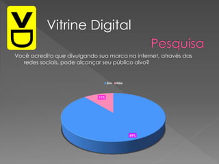 Você acredita que divulgando sua marca na internet, através das
redes sociais, pode alcançar seu público alvo?
89%
11%
Sim Não
Vitrine Digital
 