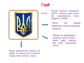 Герб
Число три завжди
вважалось числом казковим,
чарівним.
Тризуб означає триєдність
життя – батько, мати, дитя,
які символізують силу,
мудрість і любов.
Тризуб ще відображає і
єднання трьох стихій –
землі, води, повітря,
без яких неможливе
життя.
Якщо придивитися уважно до
герба, то можна ще й скласти
слово з його частин – воля.
 