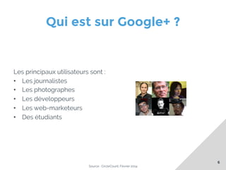 Qui est sur Google+ ?

Les principaux utilisateurs sont :
•  Les journalistes
•  Les photographes
•  Les développeurs
•  Les web-marketeurs
•  Des étudiants

Source : CircleCount, Février 2014

6

 