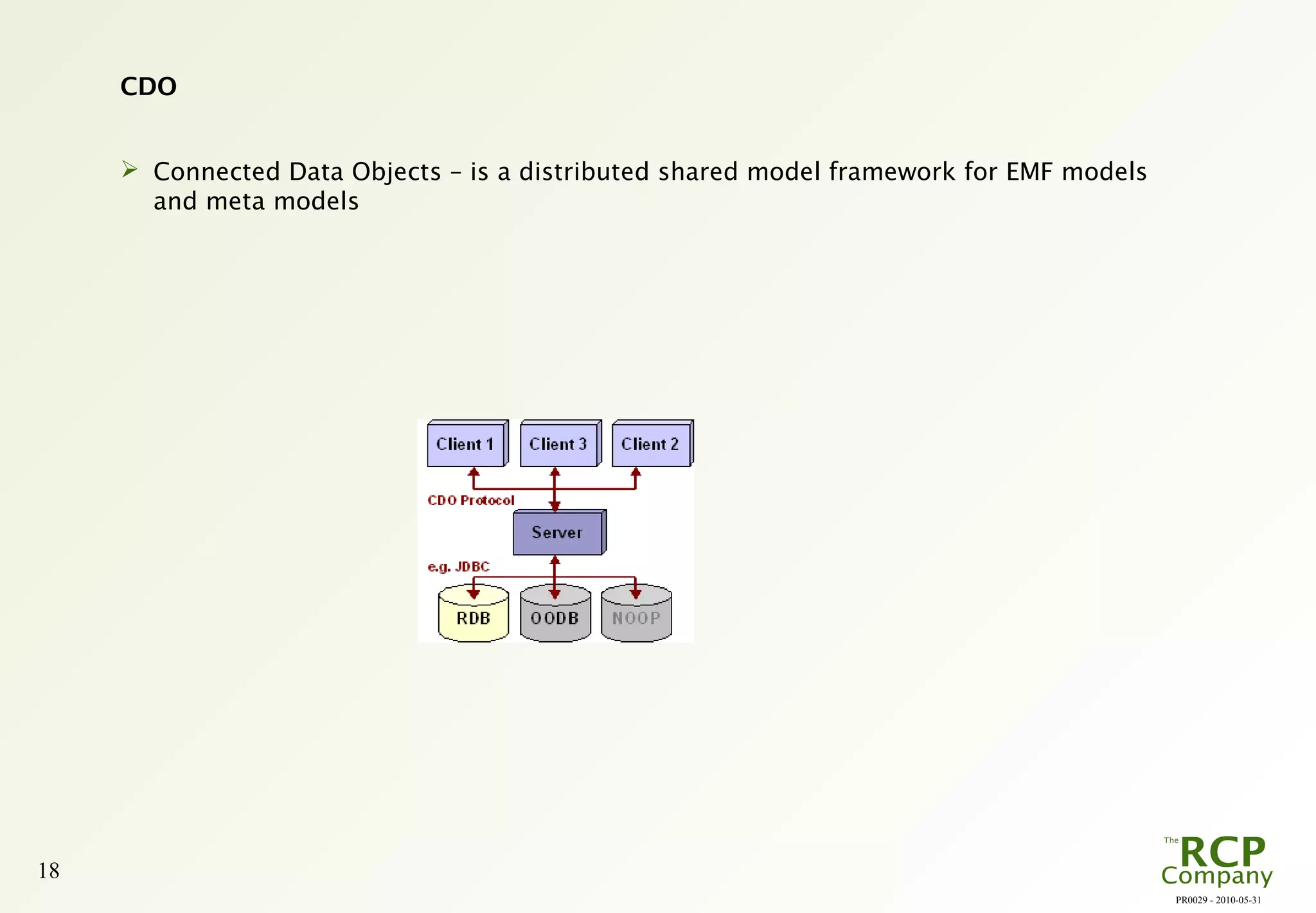 PR0029 - 2010-05-31
18
CDO
 Connected Data Objects – is a distributed shared model framework for EMF models
and meta models
 