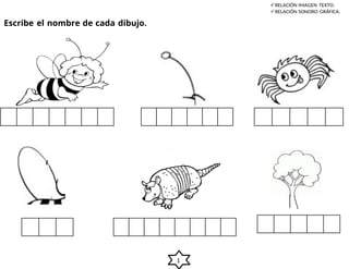 1
Escribe el nombre de cada dibujo.
RELACIÓN IMAGEN TEXTO.
RELACIÓN SONORO GRÁFICA.
 