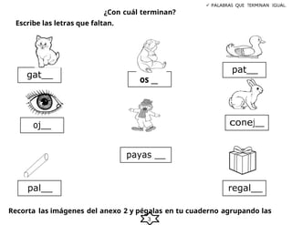 3
 PALABRAS QUE TERMINAN IGUAL.
¿Con cuál terminan?
Escribe las letras que faltan.
Recorta las imágenes del anexo 2 y pégalas en tu cuaderno agrupando las
oj__ conej__
os __
gat__
pat__
payas __
pal__ regal__
 
