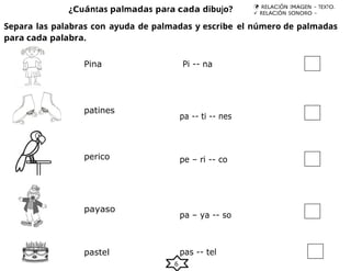 6
 RELACIÓN SONORO –
GRÁFICA.
¿Cuántas palmadas para cada dibujo?  RELACIÓN IMAGEN – TEXTO.
Separa las palabras con ayuda de palmadas y escribe el número de palmadas
para cada palabra.
Pina Pi -- na
patines
perico
payaso
pastel
pa -- ti -- nes
pe – ri -- co
pa – ya -- so
pas -- tel
 