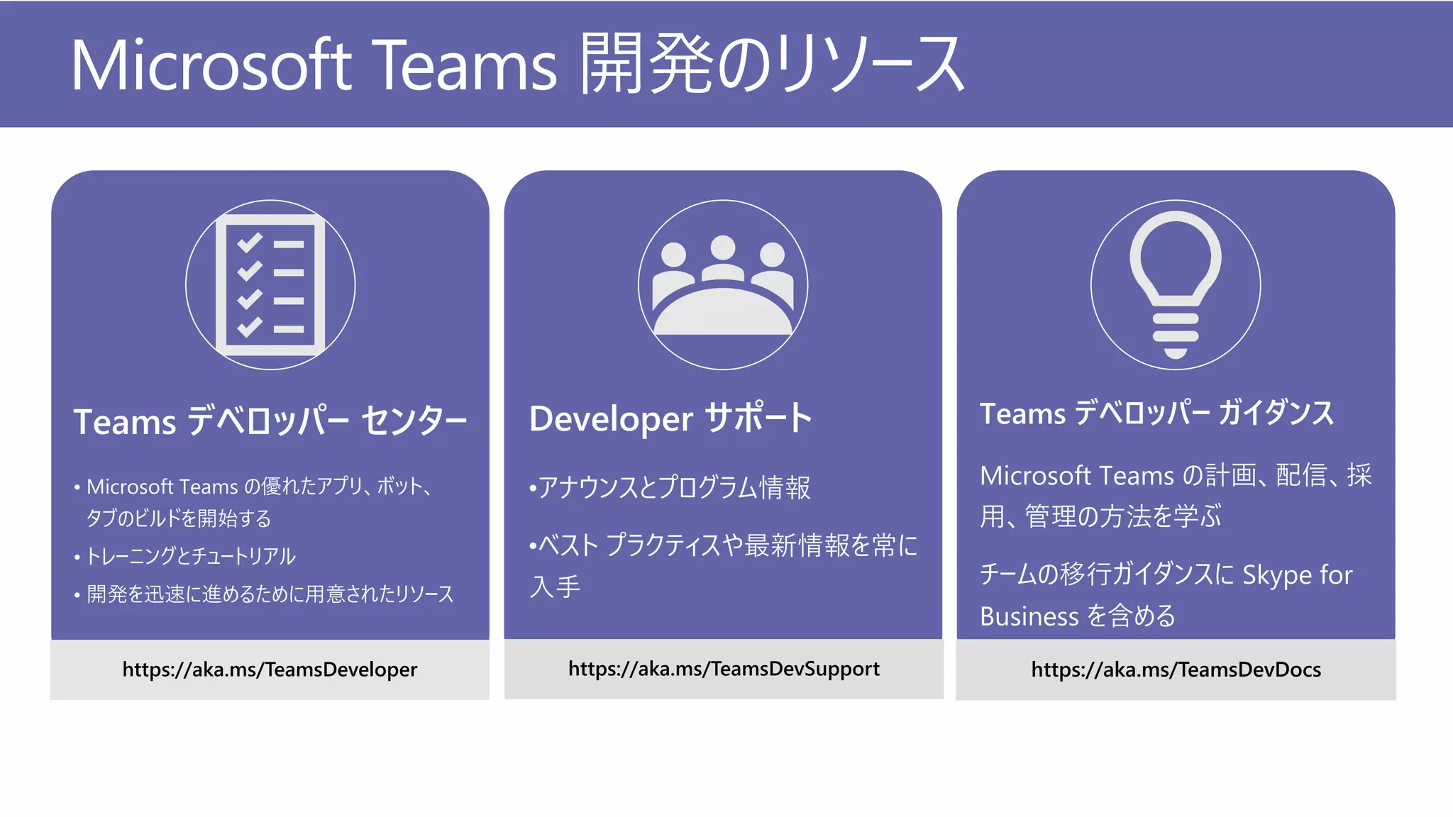 Teams デベロッパー センター
• Microsoft Teams の優れたアプリ、ボット、
タブのビルドを開始する
• トレーニングとチュートリアル
• 開発を迅速に進めるために用意されたリソース
Developer サポート
•アナウンスとプログラム情報
•ベスト プラクティスや最新情報を常に
入手
Teams デベロッパー ガイダンス
Microsoft Teams の計画、配信、採
用、管理の方法を学ぶ
チームの移行ガイダンスに Skype for
Business を含める
https://aka.ms/TeamsDeveloper https://aka.ms/TeamsDevSupport https://aka.ms/TeamsDevDocs
Microsoft Teams 開発のリソース
 