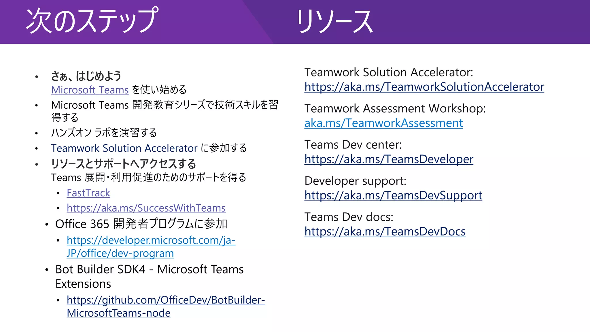 リソース次のステップ
• さぁ、はじめよう
Microsoft Teams
Teamwork Solution Accelerator
• リソースとサポートへアクセスする
• FastTrack
• https://aka.ms/SuccessWithTeams
•
• https://developer.microsoft.com/ja-
JP/office/dev-program
•
• https://github.com/OfficeDev/BotBuilder-
MicrosoftTeams-node
https://aka.ms/TeamworkSolutionAccelerator
aka.ms/TeamworkAssessment
https://aka.ms/TeamsDeveloper
https://aka.ms/TeamsDevSupport
https://aka.ms/TeamsDevDocs
 