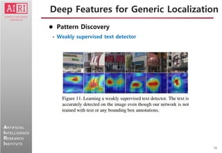 18
ARTIFICIAL
INTELLIGENCE
RESEARCH
INSTITUTE
 Pattern Discovery
• Weakly supervised text detector
Deep Features for Generic Localization
 