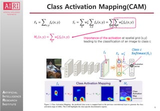 6
ARTIFICIAL
INTELLIGENCE
RESEARCH
INSTITUTE
Class Activation Mapping(CAM)
𝑓𝑘
𝐹𝑘 =
𝑥,𝑦
𝑓𝑘(𝑥, 𝑦)
𝐹𝑘
Class c
𝑺𝒐𝒇𝒕𝒎𝒂𝒙(𝑺 𝒄)
𝑆𝑐 =
𝑘
𝑤 𝑘
𝑐
𝑥,𝑦
𝑓𝑘 𝑥, 𝑦 =
𝑥,𝑦 𝑘
𝑤 𝑘
𝑐
𝑓𝑘(𝑥, 𝑦)
𝑤 𝑘
𝑐
𝑓𝑘 𝑀𝑐
𝑀𝑐(𝑥, 𝑦) =
𝑘
𝑤 𝑘
𝑐
𝑓𝑘(𝑥, 𝑦) Importance of the activation at spatial grid (x,y)
leading to the classification of an image to class c
 