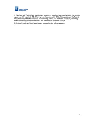 2. PaxFlash and FreightFlash statistics are based on a significant sample of airports that provide
regular monthly reports to ACI. They represent approximately 60% of total passenger traffic and
70% of total freight traffic worldwide. Commentary, tables and charts are based on preliminary
data submitted by participating airports and are therefore subject to change.
3. Regional results and trend graphics are provided on the following pages.




                                                                                                 5
 