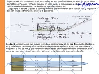 Un suelo tipo 1 es  sumamente duro ,se compone de roca o maicillo rocoso, es decir, los típicos cerros como Recreo, Placeres y Viña del Mar Alto. En estos suelos la frecuencia de la vibración es mucho más natural, más parecida al sismo y más benigna para las edificaciones. Luego viene el de tipo 2, que es el común y corriente que encontramos en el Plan de Viña y Valparaíso, que son suelos sedimentarios, arenosos o granulares. Los tipo 3 son sedimentos más nuevos de mediana consistencia y los del tipo 4 son suelos blandos de muy mala calidad de soporte estructural, los cuales podríamos encontrar en algunas quebradas de Valparaíso o Viña del Mar, y que obviamente exigen el uso de costosos medios de cimentación. Son capas de suelo blando que, incluso, si se coloca un cimiento con alta carga se hunde solo.