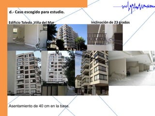 d.- Caso escogido para estudio.inclinación de 23 gradosEdificio Toledo ,Viña del MarAsentamiento de 40 cm en la base.
