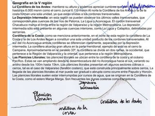 Geografía en la V regiónLa Cordillera de los Andes: mantiene su altura y podemos apreciar cumbres que van desde los 5.000 hasta los 6.000 msnm como el cerro Juncal 6.110 msnm Al norte la Cordillera de los Andes y la de la costa forman una sola unidad, ya que están unidas a los cordones transversales.La Depresión Intermedia: en esta región se pueden observar los últimos valles transversales, que corresponden alas cuencas de los ríos de Petorca, La Ligua y Aconcagua. El cordón transversal Chacabuco marca el límite entre la región de Valparaíso y la región Metropolitana. La depresión intermedia sólo está presente en algunas cuencas interiores, como La Ligua y Catapilco, delimitadas por serranías.Cordillera de la Costa: como se menciona anteriormente, en el norte de esta región la cordillera de La Costa y la de Los Andes llegan a constituir una sola unidad producto de los cordones transversales. Al sur del río Aconcagua ambas cordilleras se diferencian claramente, separadas por la depresión intermedia. La cordillera alcanza gran altura en la parte meridional; ejemplo de esto es el cerro la Campana. Aproximadamente en el paralelo 33º, la cordillera se divide en dos ramas, la occidental, que pertenece a la Región de Valparaíso y la oriental, que pertenece a la región Metropolitana.Las Planicies Litorales: las planicies litorales se ubican entre la cordillera de la costa y el océano Pacífico. Estas se van ampliando desde la desembocadura del río Aconcagua hacia el sur, variando su ancho desde los 100m hasta 15km. Las planicies litorales presentan en algunos sectores colinas o cerros, tal es el caso de Valparaíso (farellón costero), que está construida principalmente sobre cerros, La llegada de las planicies litorales al mar puede ser gradual o abrupta como ocurre entre Papudo y Horcón. Las planicies litorales suelen estar interrumpidas por cursos de agua, que se originan en la Cordillera de la Costa, como el estero Marga Marga. Son frecuentes las dunas costeras como Longotoma.