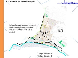 b.- Características Geomorfológicas Falla del marga-marga y puntos de edificios colapsados dentro de ella, 8 de un total de 12 en la ciudad.T1/2T2T1: tipo de suelo 1T2: tipo de suelo 2