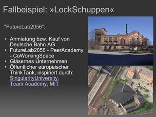 Fallbeispiel: »LockSchuppen«    "FutureLab2056": Anmietung bzw. Kauf von Deutsche Bahn AG FutureLab2056 - PeerAcademy - CoWorkingSpace Gläsernes Unternehmen Öffentlicher europäischer ThinkTank, inspiriert durch:  SingularityUniversity ,  Team Academy ,  MIT   
