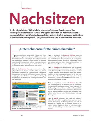 Website-Check




Nachsitzen
In der digitalisierten Welt sind die Internetauftritte der Dax-Konzerne ihre
wichtigsten Visi...