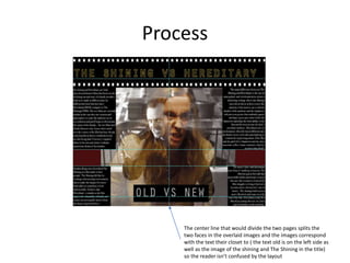 Process
The center line that would divide the two pages splits the
two faces in the overlaid images and the images correspond
with the text their closet to ( the text old is on the left side as
well as the image of the shining and The Shining in the title)
so the reader isn’t confused by the layout
 