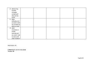 Page 8 of 9
E. Which of my
teaching
strategies
worked well?
Why did this
work?
F. What
difficulties did I
encounter which
my principal can
help me solve?
G. What
innovations or
localize
materials did I
use which I wish
to share with
other teachers?
PREPARED BY:
CHRISTIAN JAY D. SALAZAR
Teacher III
 