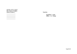 Page 9 of 9
GRADE LEVEL HEAD:
Mrs. Girene D. Solpico
MasterTeacher I Noted by:
________________
________________ Jacqueline A. Arias
________________ Officer – in – Charge
________________
________________
 