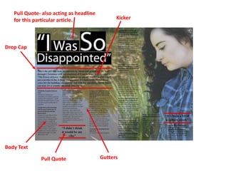 Drop Cap
Pull Quote- also acting as headline
for this particular article.
Body Text
Pull Quote Gutters
Kicker
 