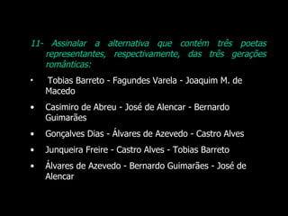11- Assinalar a alternativa que contém três poetas representantes, respectivamente, das três gerações românticas: Tobias Barreto - Fagundes Varela - Joaquim M. de Macedo Casimiro de Abreu - José de Alencar - Bernardo Guimarães Gonçalves Dias - Álvares de Azevedo - Castro Alves Junqueira Freire - Castro Alves - Tobias Barreto Álvares de Azevedo - Bernardo Guimarães - José de Alencar   