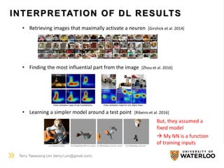 INTERPRETATION OF DL RESULTS
Terry Taewoong Um (terry.t.um@gmail.com)
• Retrieving images that maximally activate a neuron [Girshick et al. 2014]
• Finding the most influential part from the image [Zhou et al. 2016]
• Learning a simpler model around a test point [Ribeiro et al. 2016]
But, they assumed a
fixed model
 My NN is a function
of training inputs
 