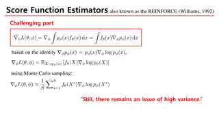 Score Function Estimators
Challenging part
“Still, there remains an issue of high variance.”
 