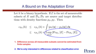 A Bound on the Adaptation Error
1. Difference across all measurable subsets cannot be estimated from
finite samples
2. We’re only interested in differences related to classification error
 