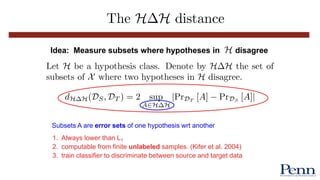 Idea: Measure subsets where hypotheses in disagree
Subsets A are error sets of one hypothesis wrt another
1. Always lower than L1
2. computable from finite unlabeled samples. (Kifer et al. 2004)
3. train classifier to discriminate between source and target data
 
