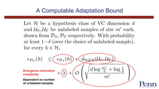 A Computable Adaptation Bound
Divergence estimation
complexity
Dependent on number
of unlabeled samples
 
