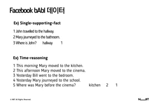 © NBT All Rights Reserved.
FacebookbAbI데이터
1Johntravelledtothe hallway.
2 Maryjourneyedtothe bathroom.
3 Where isJohn? hallway 1
1 This morning Mary moved to the kitchen.
2 This afternoon Mary moved to the cinema.
3 Yesterday Bill went to the bedroom.
4 Yesterday Mary journeyed to the school.
5 Where was Mary before the cinema? kitchen 2 1
Ex) Single-supporting-fact
Ex) Time-reasoning
 