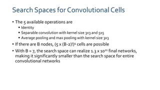 Search Spaces for Convolutional Cells
• The 5 available operations are
 Identity
 Separable convolution with kernel size 3x3 and 5x5
 Average pooling and max pooling with kernel size 3x3
• If there are B nodes, (5 x (B-2)!)4 cells are possible
• With B = 7, the search space can realize 1.3 x 1011 final networks,
making it significantly smaller than the search space for entire
convolutional networks
 