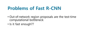 Problems of Fast R-CNN
• Out-of-network region proposals are the test-time
computational bottleneck
• Is it fast enough??
 