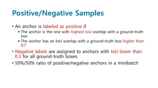 Positive/Negative Samples
• An anchor is labeled as positive if
 The anchor is the one with highest IoU overlap with a ground-truth
box
 The anchor has an IoU overlap with a ground-truth box higher than
0.7
• Negative labels are assigned to anchors with IoU lower than
0.3 for all ground-truth boxes
• 50%/50% ratio of positive/negative anchors in a minibatch
 