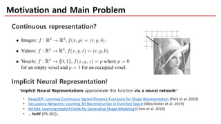 Continuous representation?
• DeepSDF: Learning Continuous Signed Distance Functions for Shape Representation (Park et al. 2019)
• Occupancy Networks: Learning 3D Reconstruction in Function Space (Mescheder et al. 2019)
• IM-Net: Learning Implicit Fields for Generative Shape Modeling (Chen et al. 2018)
• … NeRF (PR-302)…
“Implicit Neural Representations approximate this function via a neural network!”
Motivation and Main Problem
Implicit Neural Representation!
 